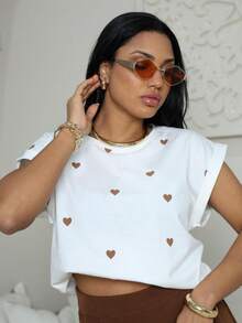 Blusa Feminina Manga Japonesa Coração Estampado Tecido de malha 100% Algodão - Branco e Marrom - Visão 2
