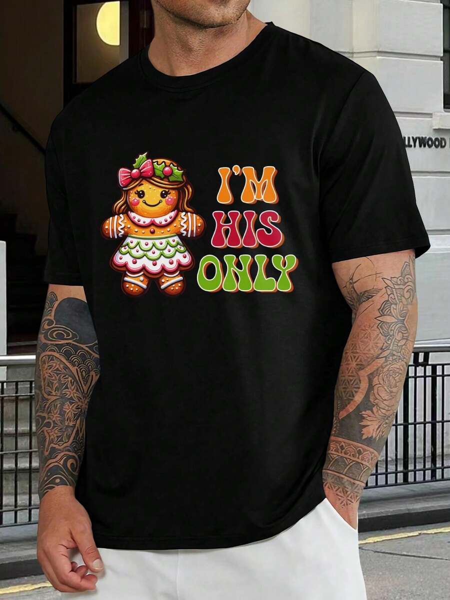 Camisetas de Navidad para Parejas a Juego | 'Soy el único de ella' 'Soy el único de él' Diseño de pareja de pan de jengibre | Regalo navideño, sesión fotográfica familiar, ropa festiva para marido y mujer - Negro - Ver 1