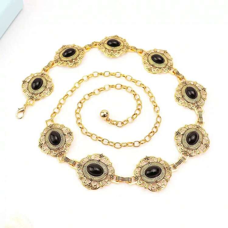 Thắt lưng kim loại Bohemian Retro, chạm khắc màu ngọc lam, dây thắt lưng Acrylic, thắt lưng hợp kim kẽm, phù hợp cho mọi mùa hè, trường học, thu, thu đông, Halloween - Bạc - Xem 11