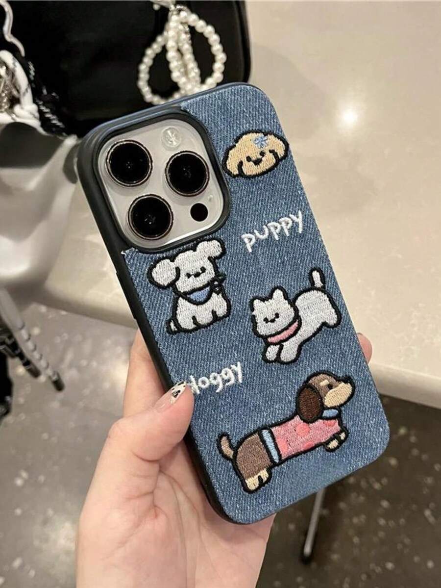 1pc Denim Embroidered Dog Graphics Full Protective Shock Proof Phone Case Compatible With Apple Phones Waterproof Anti-Fall Scratch Resistant - Brown - View 1