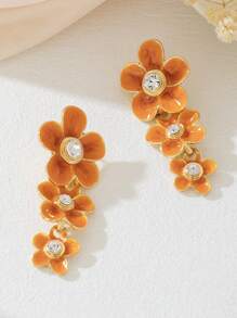 1 par de pendientes con colgante de flor de cinco pétalos con estilo de gota naranja vibránte y cristales incrustados, elegantes y frescos para el verano, vacaciones y apropiados para uso diario, citas y vacaciones