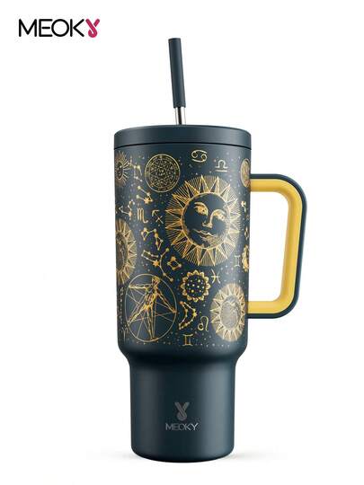 Vaso aislado de 40 onzas con tapa y pajita, de acero inoxidable, con asa, aislamiento al vacío, mantiene frío hasta 34 horas o caliente hasta 10 horas, portátil para acampar al aire libre, senderismo, conducir y viajes por carretera