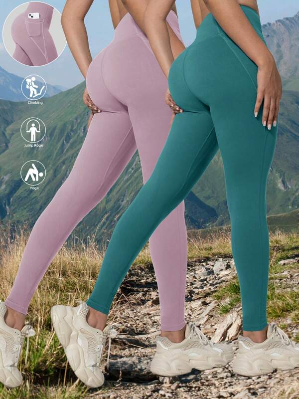 2 pièces Leggings de plein air avec poches latérales pour femmes, pantalons de fitness à taille haute sculptants