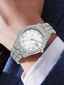 男士银色表带腕表三件套，时尚奢华罗马数字表盘，日历及毕业纪念设计，石英表，搭配手链和项链，珠宝套装，适合日常佩戴、装饰或作为节日礼物。