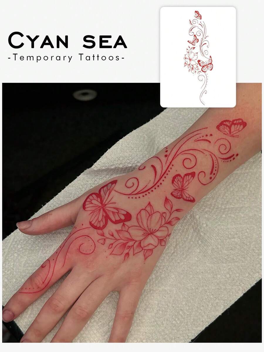 1 件中国风红色蝴蝶和花卉临时纹身贴纸，防水防汗，一次性使用，适合手臂、背部，适合人们日常使用 - 紅色 - 查看 1