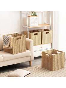 Foldable Storage Baskets With Handles Paper Rope Storage Baskets Rectangle Collapsible Hand Woven Storage Cubes Bins For Organizing Shelves Living Room Bedroom Pantry (4, 11'' X 11'' X 11'') - Natural - View 3