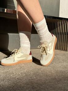 DareSee 女士休闲运动鞋，2025春秋新款拼接撞色设计平底一脚蹬鞋，舒适百搭日常通勤简约小白鞋，学生鞋，时尚低帮训练鞋，复古Gump鞋音乐节Y2KFest返校季秋冬礼物音乐节 - 酒紅色 - 查看 4