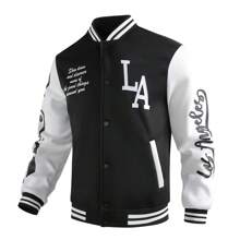 Men Contrast Color Patchwork Slogan Print Baseball Jacket, Fall