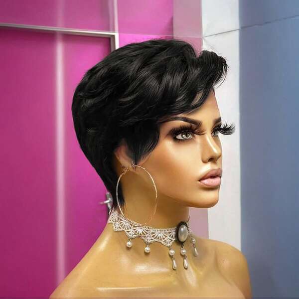 Lace Frontal Short Wig For Women Pixie Cut Wig Human Hair For Women 13x4x1 T Part Glueless Wigs For Daily Use 1B Short Wig For Women Human Hair Black Color Wig Short Wigs With Side Part Bangs