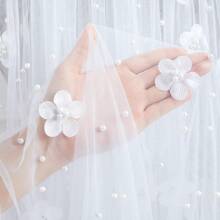 1 pieza Mantel de mesa con encaje y flor blanca, decoración de mesa de boda al aire libre romántica con perlas y flores, decoración de mesa para fiesta, banquete, postre, mantel traslúcido de gasa para arco de cumpleaños y fiesta