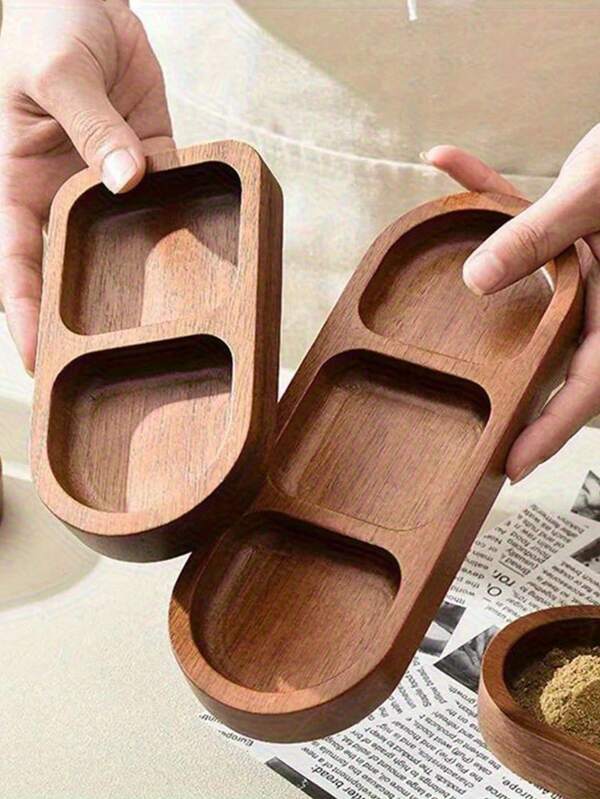 1pc Wooden Two-Compartment Or Three-Compartment Plates - Classic And Fashionable Home Snack Plates, Separated For Hot Pot And Barbecue Sauces, High-Quality Party Trays, Picnic, Table Organizing, Party Service Trays | Natural Wood Grain Design | Smooth Wooden Surface, Food Serving Trays