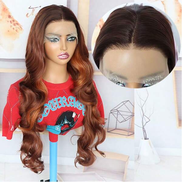 32 PULGADAS Fibra sintética resistente al calor, ondulada, de longitud corporal, con cabello rubio resaltado, con parte media, encaje suizo 13*4 pulgadas para mujer