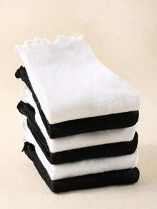 6 Pairs Black & White Solid Color High Elastic Ribbed Mid-Calf Socks Christmas Gift - Black and White - View 3