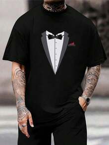 Camiseta de manga corta para hombre con estampado divertido de esmoquin - Camiseta informal novedosa de vestir formal - Parte superior para fiestas de graduación y ocasiones informales - Regalo para marido - Negro - Negro - Ver 1