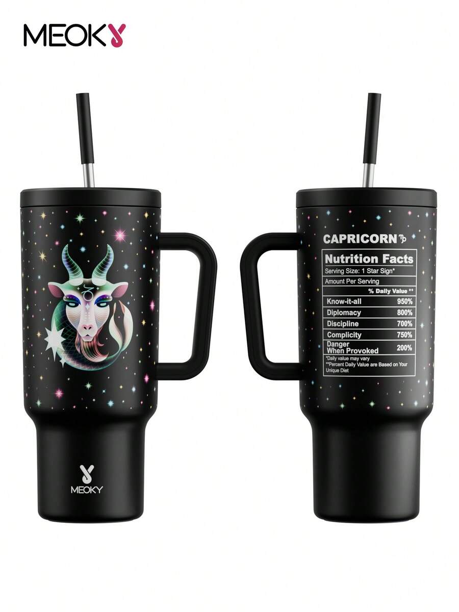 Vaso de 40 onzas con tapa y pajita, botella de agua aislada de acero inoxidable con asa, botella de agua al vacío aislada, taza aislada, regalo de tazas para beber, mantiene frío durante 34 horas u caliente durante 10 horas, portátil adecuado para acampar al aire libre, senderismo, conducción y viajes en coche (Capricornio)