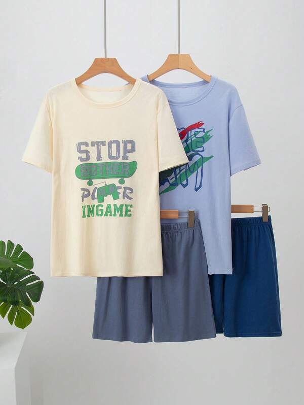 2pcs/Set Teenage Boys' Cotton Short Sleeve Shorts Casual Pajamas Set