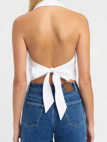 Women's Button Down Shirt Casual Stylish Solid/Striped Turn Down Collar Sleeveless Halter Tank Tops For Summer - 白色 - 查看 6