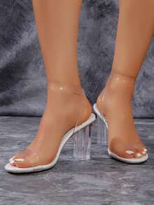 Women's Transparent Strap Rhinestone Chunky Heels Sexy Open Toe High Heels, Champagne - White Embossed - View 4