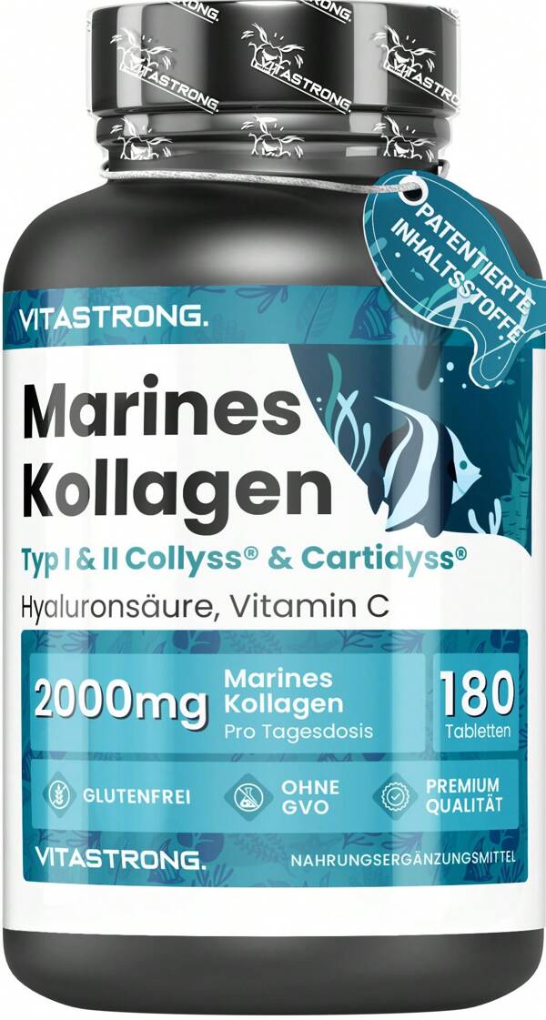 Vitastrong Meereskollagen mit Hyaluronsäure, Vitamin C, patentierte Qualität von hydrolysiertem Kollagen Typ 1 und 2, Collyss Cartidyss, Kollagen- und Hyaluronsäure-Ergänzung mit Vitamin C, 180 Tabletten,