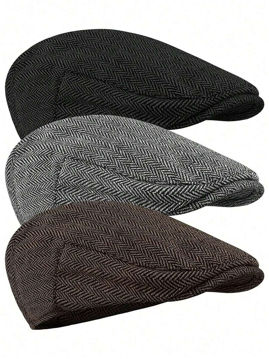 1-3 Pieces Men's Herringbone Flat Newsboy Hat Tweed Newsboy Cap Cabbie Driving Hunting Cap For Men Outdoor Daily Use