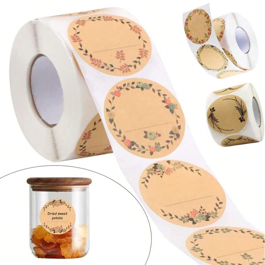 每捲500個2in/5cm牛皮紙貼紙，圓形花環圖案貼紙，可用於標籤、食品儲存標籤、禮品袋密封貼紙