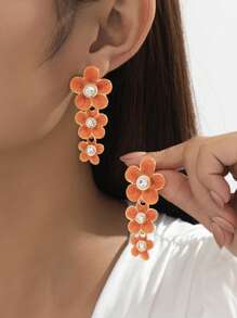 1 par de pendientes con colgante de flor de cinco pétalos con estilo de gota naranja vibránte y cristales incrustados, elegantes y frescos para el verano, vacaciones y apropiados para uso diario, citas y vacaciones