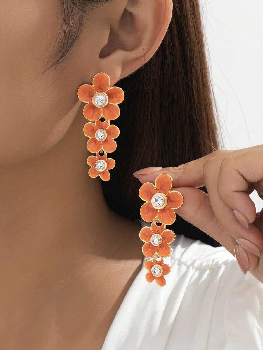 1 par de pendientes con colgante de flor de cinco pétalos con estilo de gota naranja vibránte y cristales incrustados, elegantes y frescos para el verano, vacaciones y apropiados para uso diario, citas y vacaciones