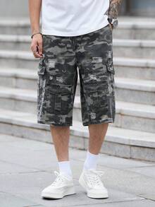 1pc Men's American Retro Camouflage Denim Cargo Shorts, Patchwork Distressed Washed Wide Leg Loose Fit Mid-Length Pants - Army Green - View 3