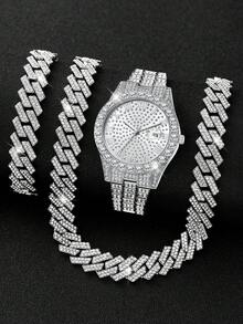 男士银色表带腕表三件套，时尚奢华罗马数字表盘，日历及毕业纪念设计，石英表，搭配手链和项链，珠宝套装，适合日常佩戴、装饰或作为节日礼物。