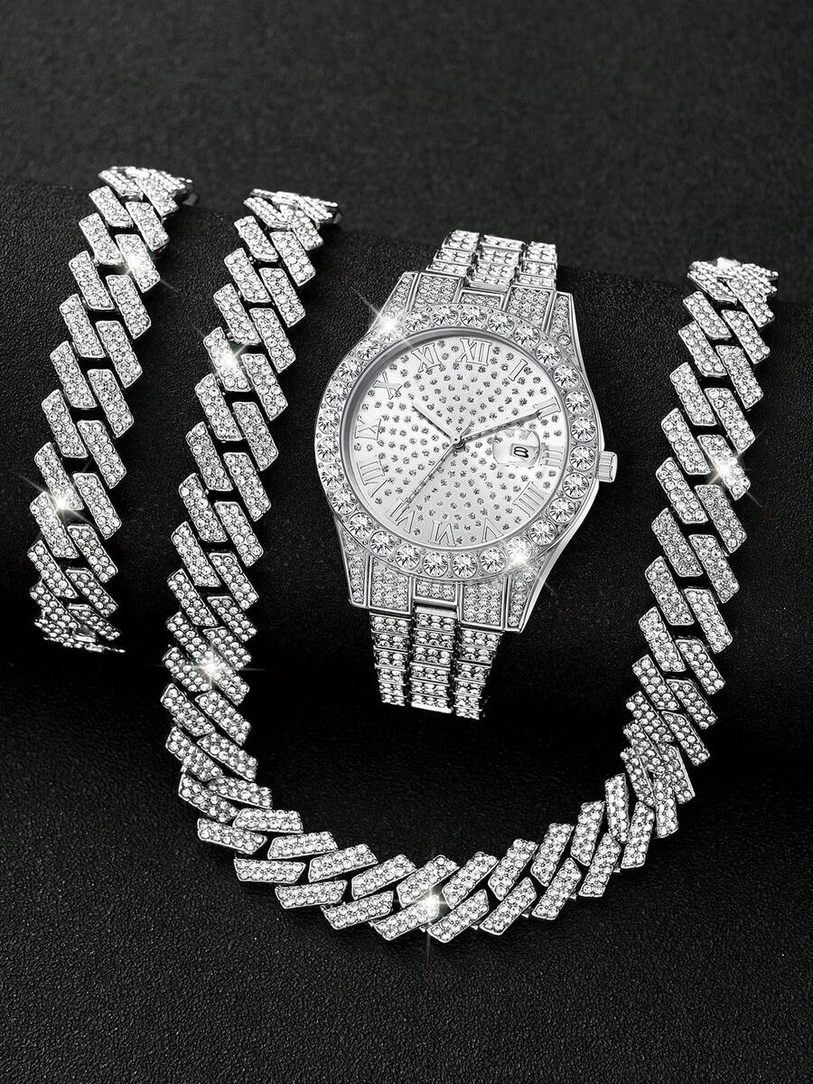 男士银色表带腕表三件套，时尚奢华罗马数字表盘，日历及毕业纪念设计，石英表，搭配手链和项链，珠宝套装，适合日常佩戴、装饰或作为节日礼物。