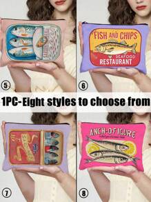 Retro Sardines Cosmetic Pouch,Olive Oil And Lemon Design, Unisex Adult Polyester Mini Makeup Bag, Hypoallergenic Zippered Toiletry Case, Pink Zippered Cosmetic Bag, Multifunctional Snack, Stationery Or Gift, Tin Fish Print Accessory Clutch, Cosmetic Pouch For Girls Women, Makeup Bag, Toiletry Bag For Travel, School, And Commuting,Unisex Adult Portable Storage Bag