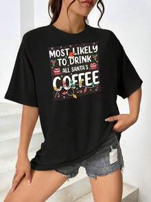 Camiseta de Navidad para amantes del café para mujer - Camiseta gráfica de café de Santa - Conjunto para fiestas navideñas - Pijamas navideños a juego para toda la familia - Negro - Ver 1