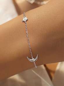 BALMORA 1pc Sterling S925 Silver Vintage Temperament Elegant Cute Moon Star Zirconia Gold Bracelet For Women Girl Minimalist Statement Daily Life Party Jewelry Gift - Silver - View 4