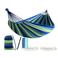 Portable Hammock Outdoor Garden Travel Sports Home Camp Swing Canvas Stripe Hang Bed Double Hammock Single People(Blue)