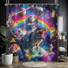 New Fowocu Funny Cat Dinosaur Shower Curtain Fun Cool Colorful Space Cats Shower Curtains For Bathroom Fantasy Galaxy Universe Anime Kids Waterproof Fabric Bath Curtain Dr 72 X 72 Inch - 紫色 72 英吋寬 x 72 英吋長(1 包) - 查看 2