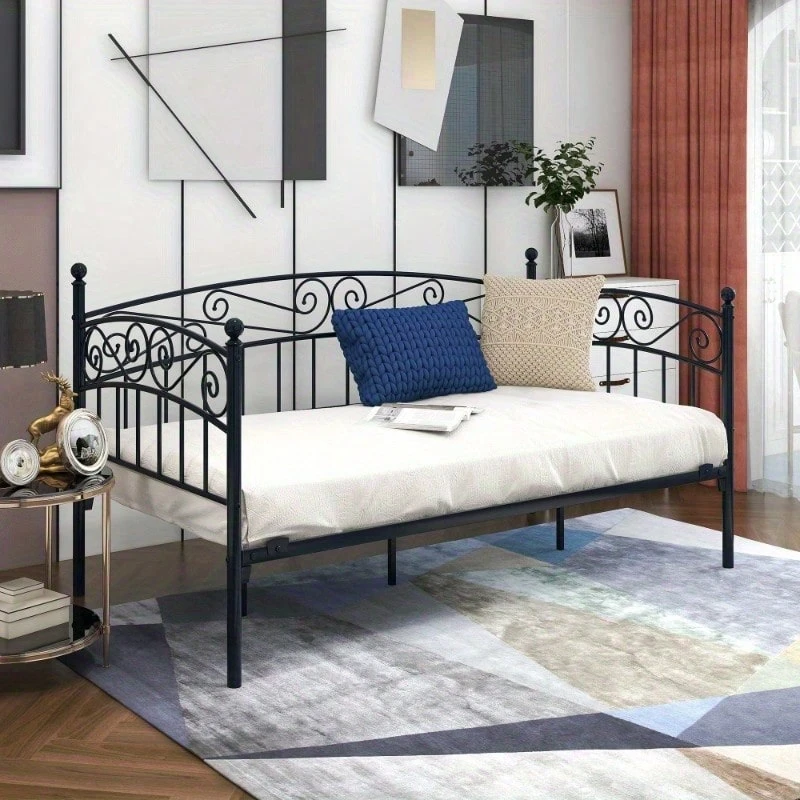 Metal Daybed Frame Multifunctional Mattress Foundation/Bed Sofa With Headboard, Twin, Black-3826 - Multicolor - View 1