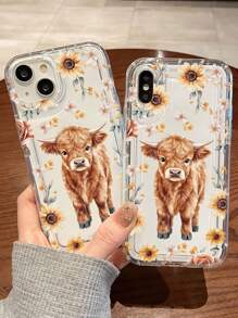 1pc Sunflower & Cow Pattern Transparent Anti-Drop Shock-Absorbing TPU Phone Case, Suitable For Apple 15/14/13/12/11/7/8/16/17/Air/17Pro/17ProMax And Other Models, Great Gift For Friends
