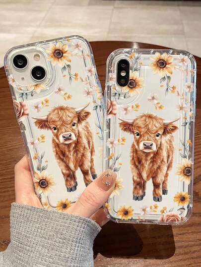 1pc Sunflower & Cow Pattern Transparent Anti-Drop Shock-Absorbing TPU Phone Case, Suitable For Apple 15/14/13/12/11/7/8/16/17/Air/17Pro/17ProMax And Other Models, Great Gift For Friends