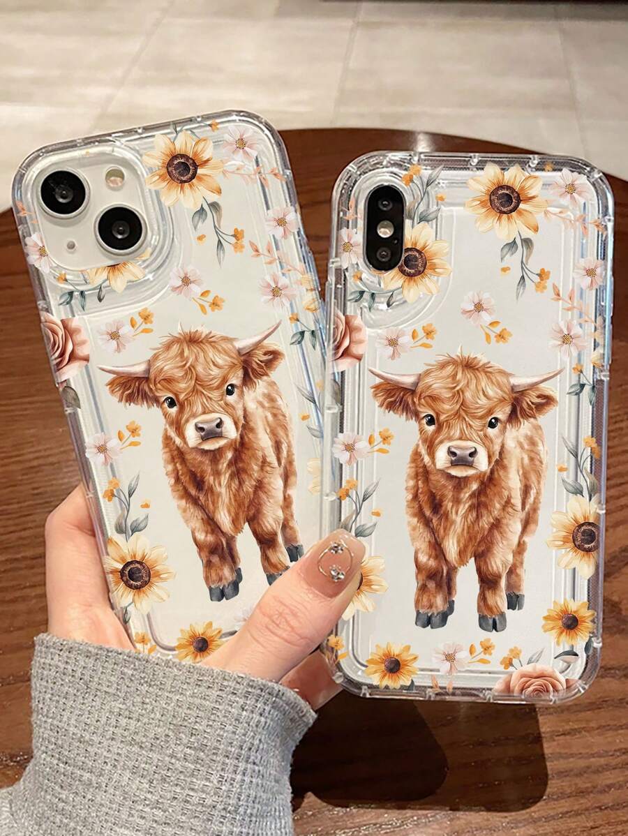 1pc Sunflower & Cow Pattern Transparent Anti-Drop Shock-Absorbing TPU Phone Case, Suitable For Apple 15/14/13/12/11/7/8/16/17/Air/17Pro/17ProMax And Other Models, Great Gift For Friends