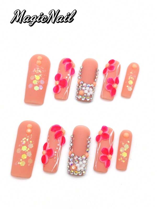 10 Pieces Of Pure Hand-Pressed Wearable Nail, Press On Nails,Nail Supplies,Nails Ptess On,Beach Essentials,33mm-Length Nail Pieces, Pink And White Contrasting Colors, Hand-Kneaded Raised Flowers With Pink Strokes, Gold-Covered Part Of The Nail Rhinestone Embellishment