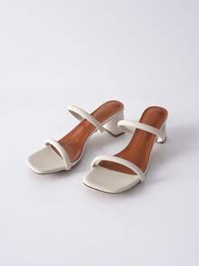 Women Minimalist Chunky Heeled Mule Sandals, Elegant Summer Heeled Sandals Winter Gifts - Beige - View 4