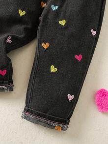 New Baby Girls Asymmetrical Heart Embroidered Casual Daily Wear Jeans - Black - View 6