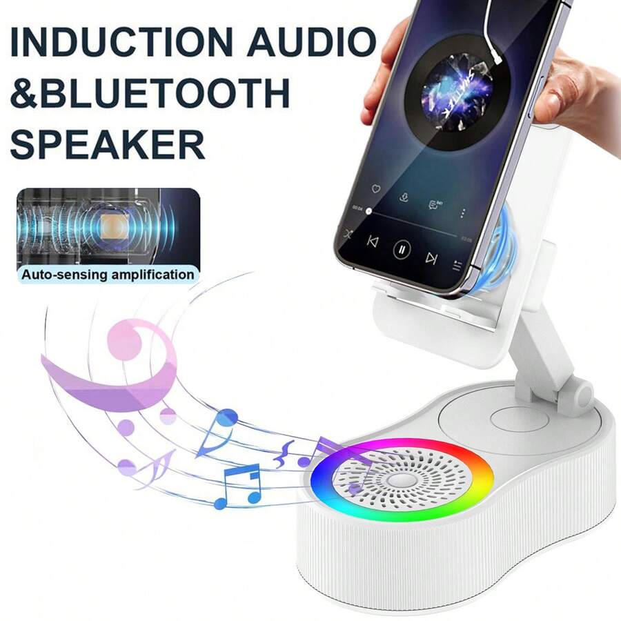 Wireless Induction Audio Bluetooth Speaker 5-In-1 Phone Holder, 2025 New Induction Speaker, 4000mAh Rechargeable Speaker With Colorful Ambient Light Foldable For Tablet Phone Android - Wireless Induction White - View 1