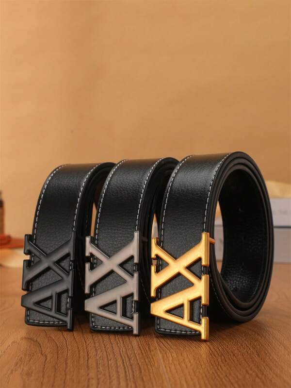 1pc Men's Fashionable Luxury Smooth Buckle Classic Letter Pattern Belt, Versatile Holiday Essential, Suitable For Family, Gifts, Vacation And Festivals, Ideal Holiday Gift