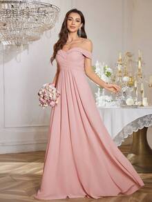 UNITHORSE Robe de demoiselle d'honneur élégante avec jupe évasée à taille croisée et ourlet volant de couleur unie - Rose bonbon - Voir 5