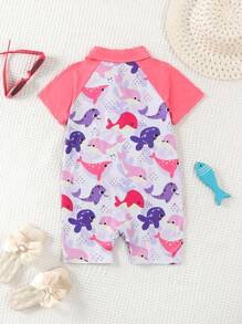 Baby GirlSummer Short Sleeve Lapel Patchwork Whale Print Soft Romper
