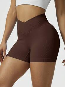 NcmRyu 1pc Women's Solid Color Casual Ribbed High Waist Lifting Fitness Yoga Sports Shorts - Cà phê nâu - Xem 7