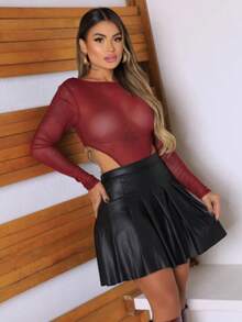 Long-Sleeved, Sheer Tulle Bodysuit With A High-Cut Leg. - Burgundy - View 1