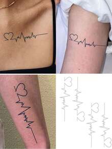 2 张/套大胆创意感人临时纹身、心电图、化妆设计、人体彩绘、防水防汗持久、逼真无眩光的理想礼物 - 黑色 - 查看 2