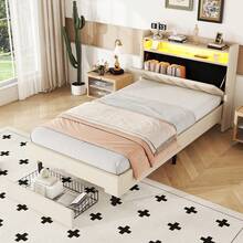 Upholstered Bed 90x200 Cm, Flat Bed With LED Warm Light, USB Socket, And Fold-Out Headboard, Single Bed With Storage Compartment, Drawers And Storage Space, Cotton Linen, Suitable For Teenagers' Rooms And Bedrooms